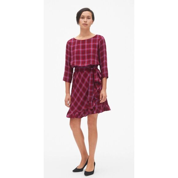 NWT GAP Red & Blue Plaid Faux-Wrap Ruffle Hem Dress XL - Picture 1 of 8